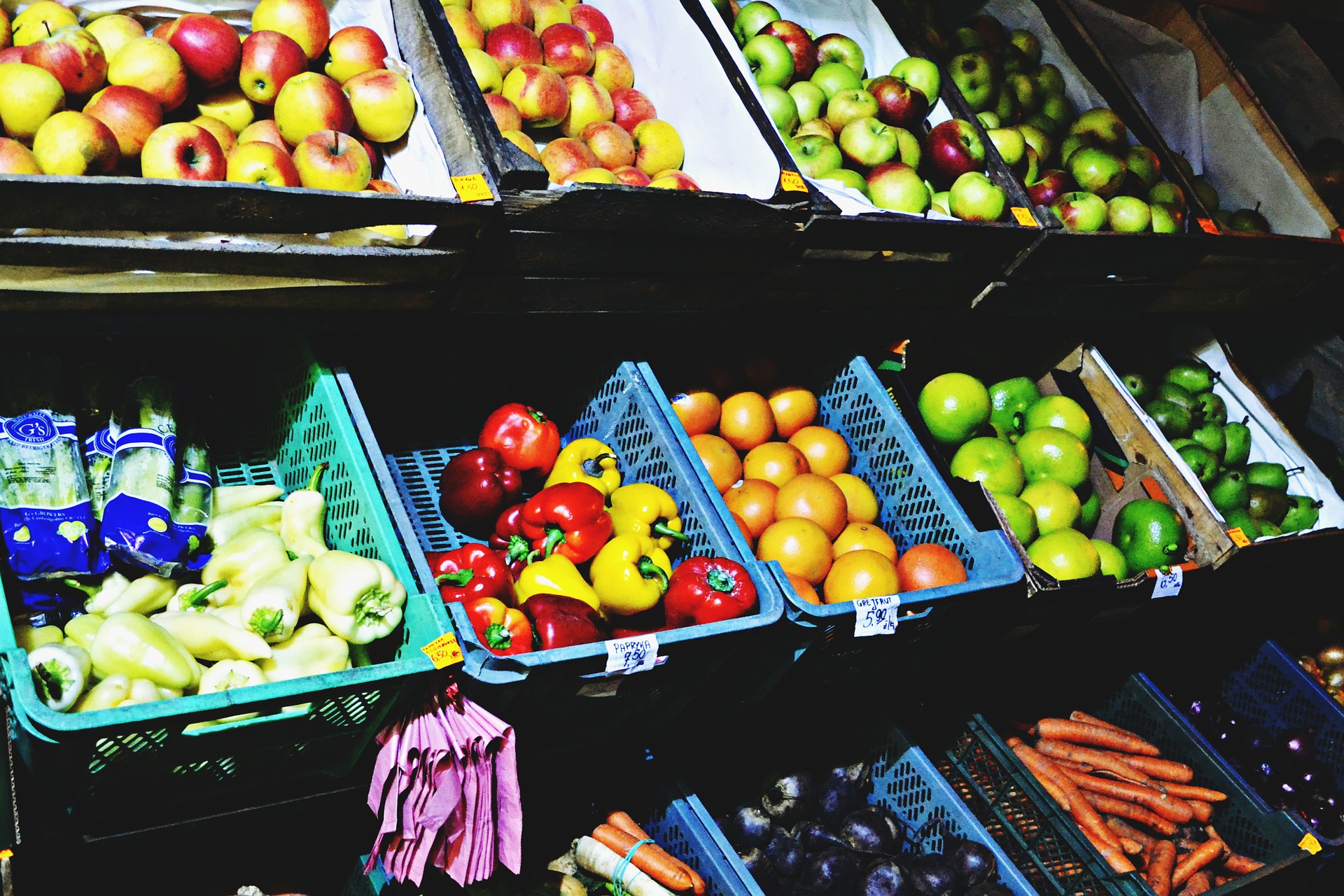 Bins of fresh fruits and veggies